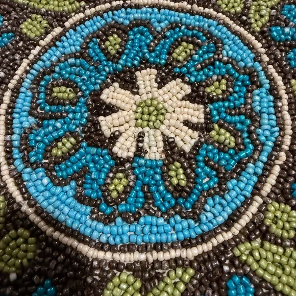 Hand Beaded MCM Vintage Round Placemats 15” Aqua Green Brown Flower Design Retro